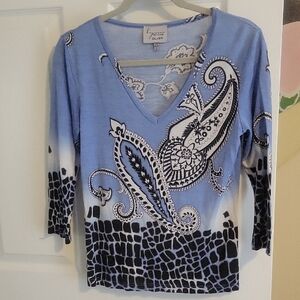 Lynn Ritchie Silver SzSm Blue and Black V-Neck Long Sleeve Paisley Top